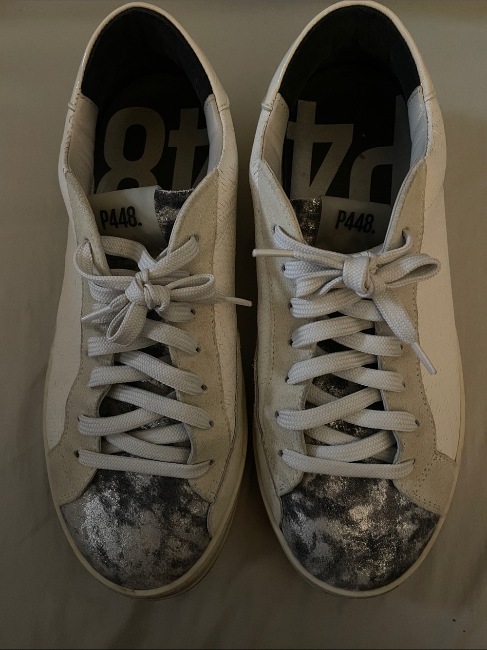 P448 Women’s White Leather Low-Top Sneakers with Gray Metallic Toe